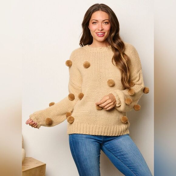 Cute Trendy LONG SLEEVE POM POM'S DETAILED PULLOVER SWEATER - Picture 2 of 3